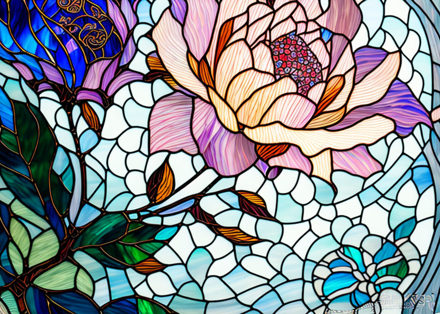 Colorful Stained Glass Artwork with Pink and White Flower in Blue and Green Background