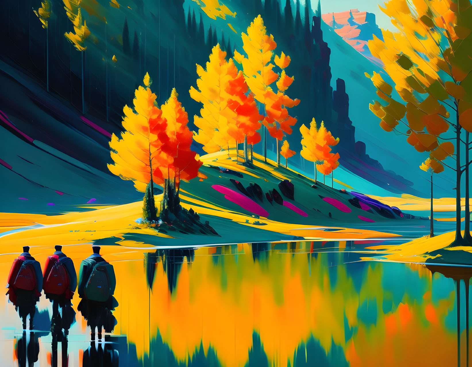 Autumn scene: Three figures by reflective lake with colorful trees