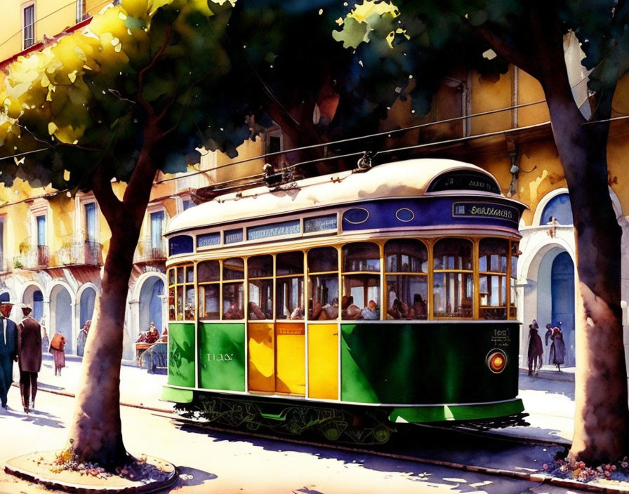 Vibrant streetcar in urban setting with pedestrians, trees, and vintage architecture.