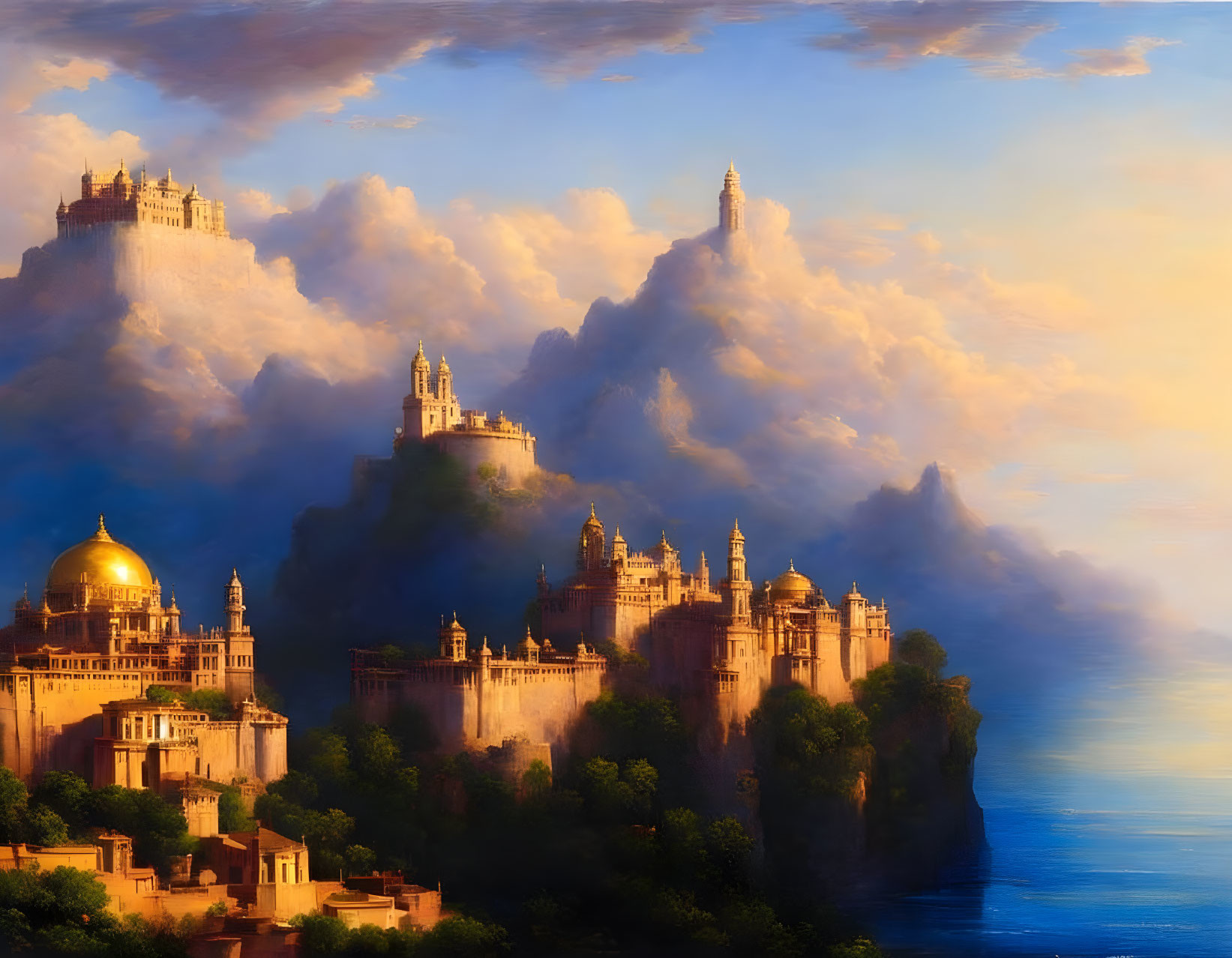 Golden-domed castles on cliffs under warm ethereal light against a serene sky