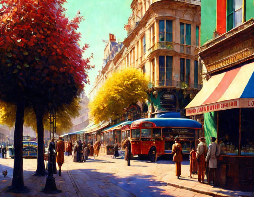 Vintage Red Double-Decker Bus in Colorful Street Scene