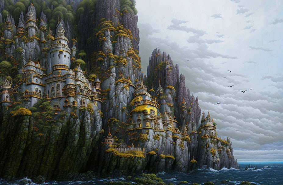 Fantasy cliffside castle with towers, lush greenery, waterfalls, birds, and ocean waves