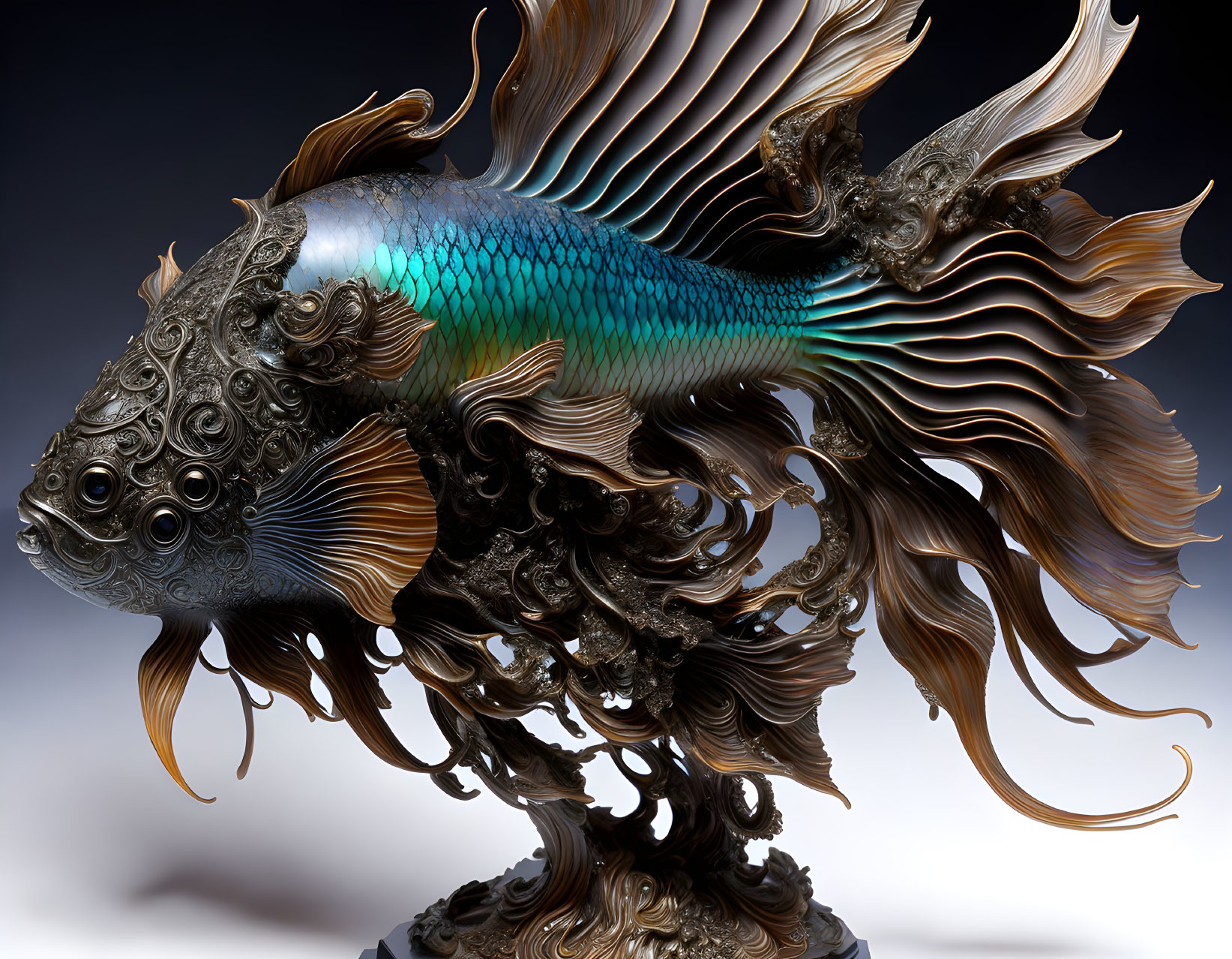 Detailed Fish Sculpture with Metallic Textures & Aquatic Design