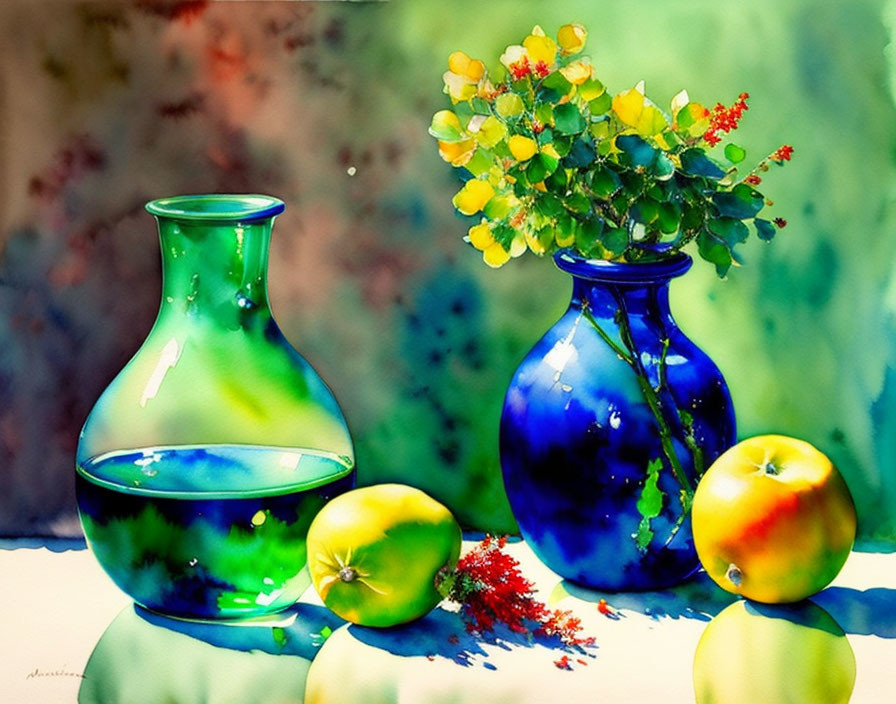 Colorful watercolor painting of glass vase, blue vase with yellow flowers, and apples in sunlight on