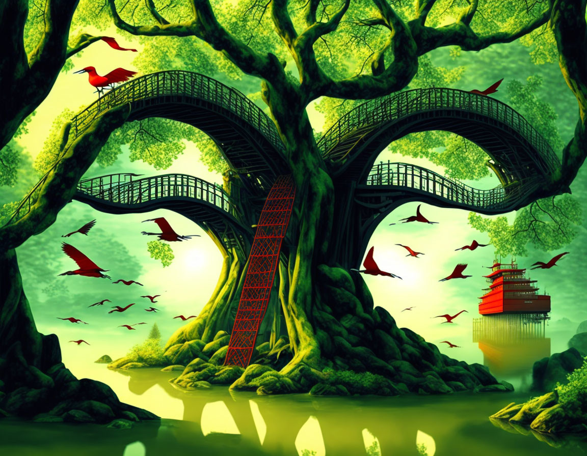 Fantasy landscape with large tree, winding bridge, red birds, and pagoda in misty green