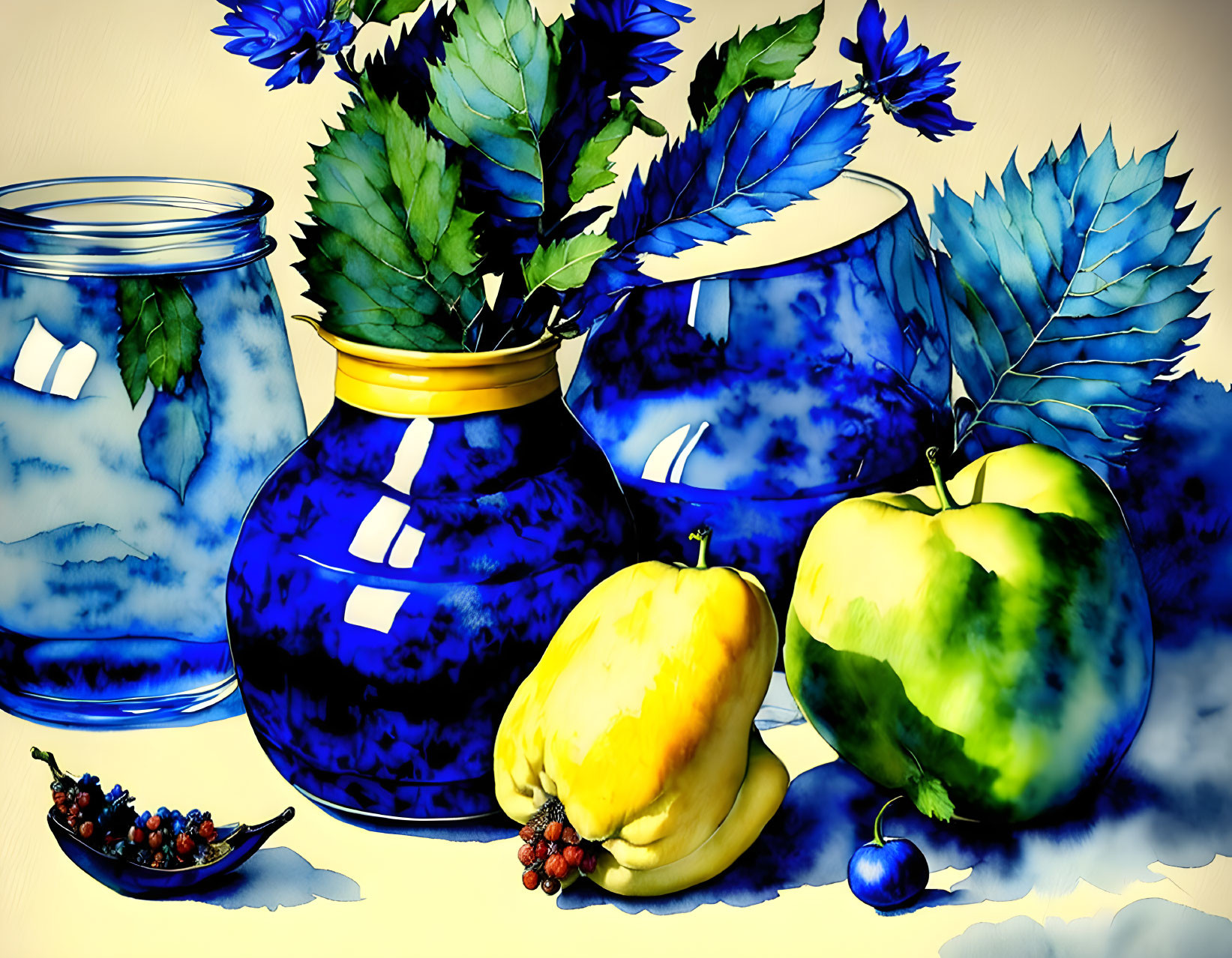 Colorful still life with quinces, vases, leaves, and berries on light background