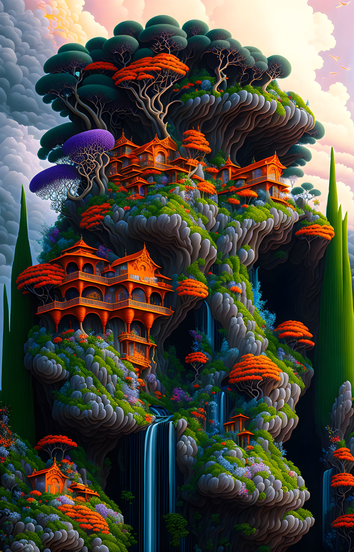 Surreal Asian-style buildings in massive tree with waterfalls