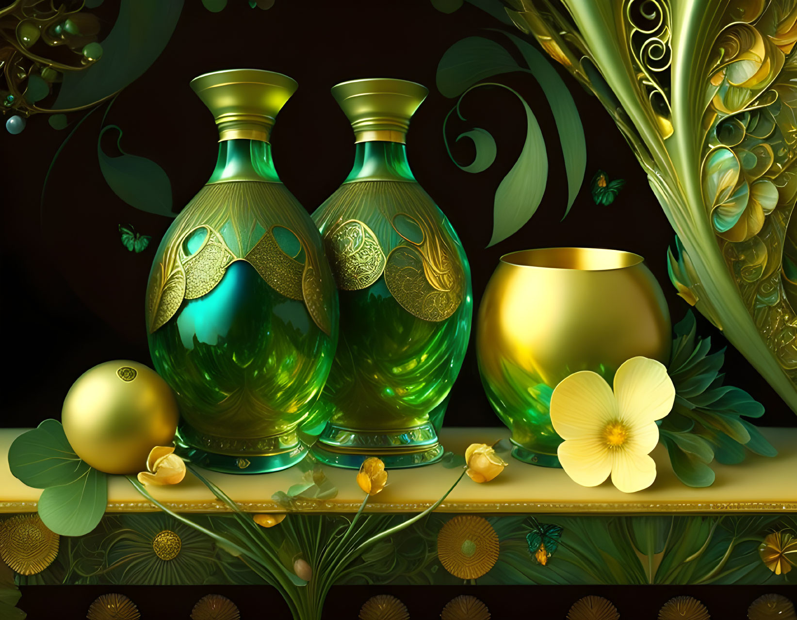 Golden and Green Vases, Matching Bowl, Spheres, Yellow Flower on Reflective Surface