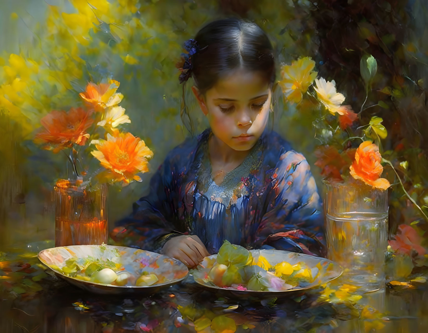 Young girl in blue dress gazes at decorative eggs in floral setting