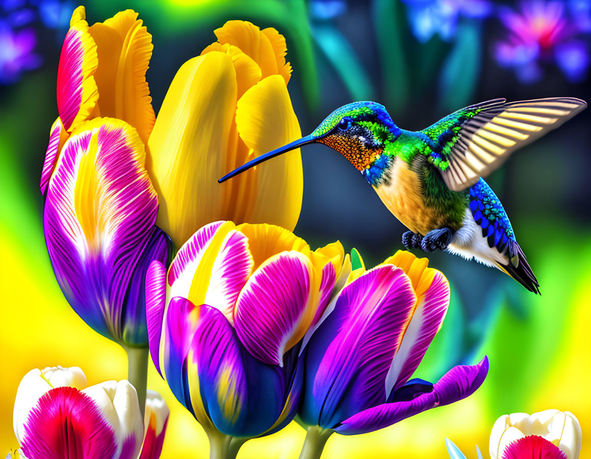 Colorful hummingbird flying amidst vibrant tulips on blurred floral backdrop