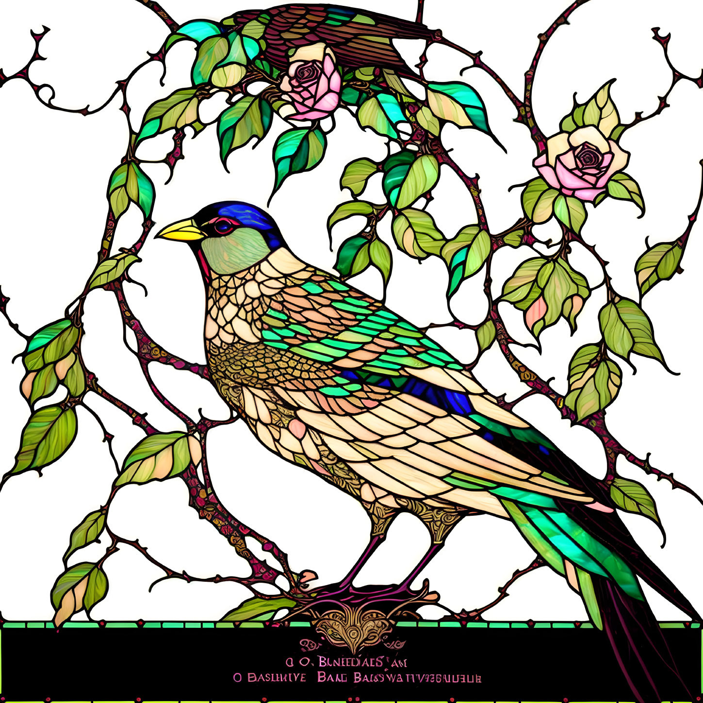 Colorful Bird on Branch with Pink Roses in Stained Glass Style