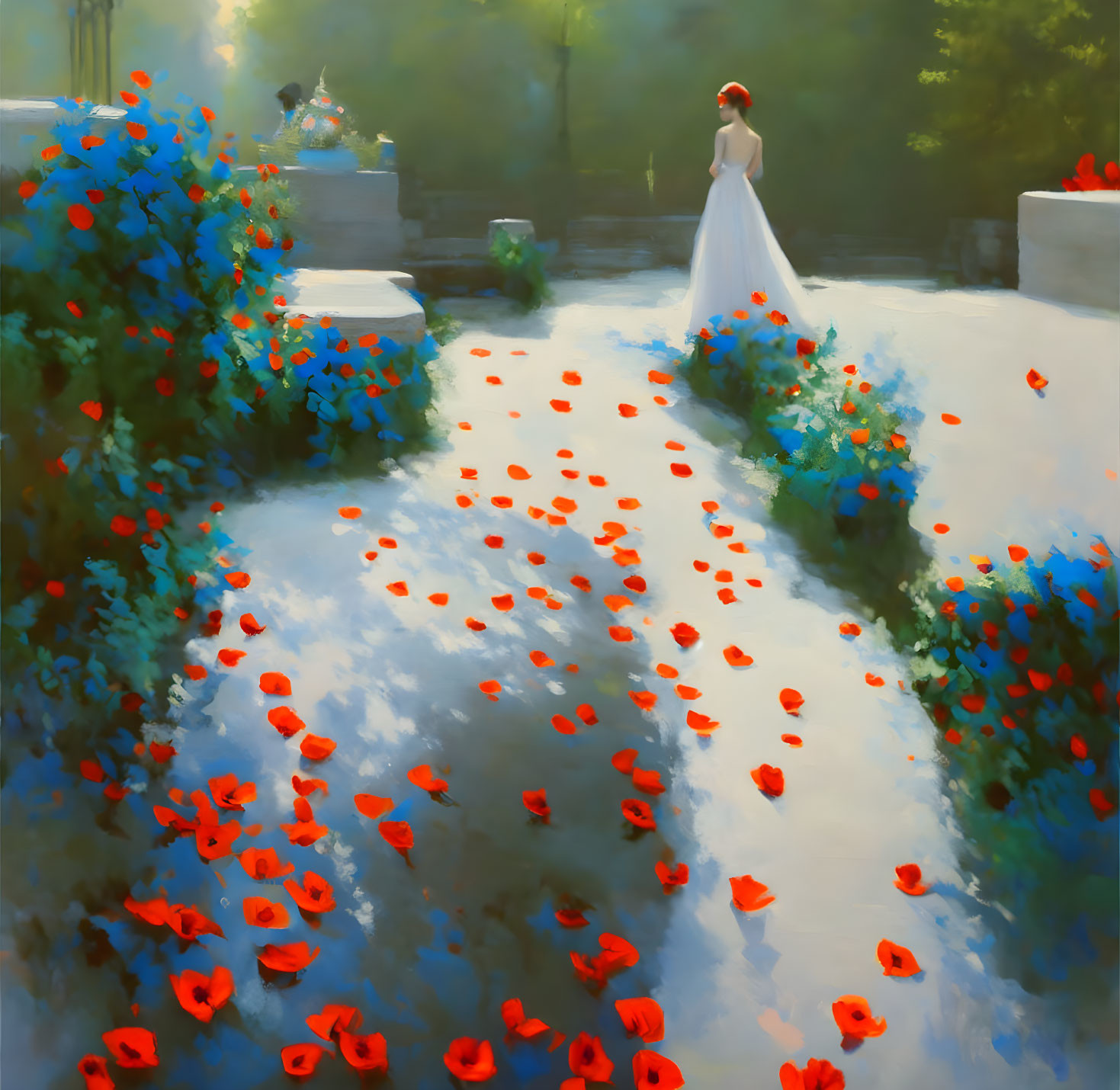 Woman in white dress at flower-lined garden intersection