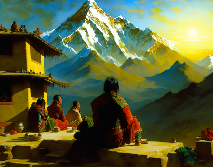 People in traditional attire near snow-capped mountain at sunrise.