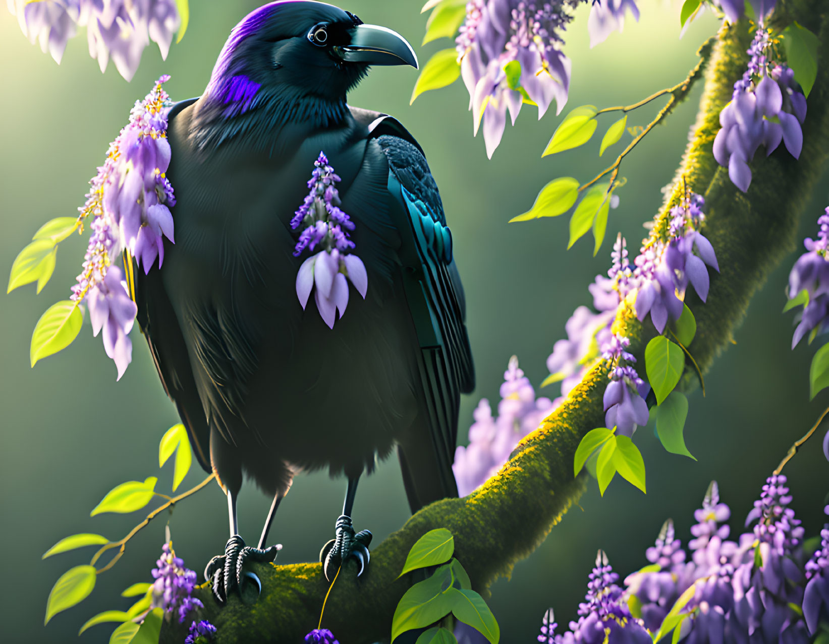 Vibrant blue and black bird on mossy branch with wisteria flowers