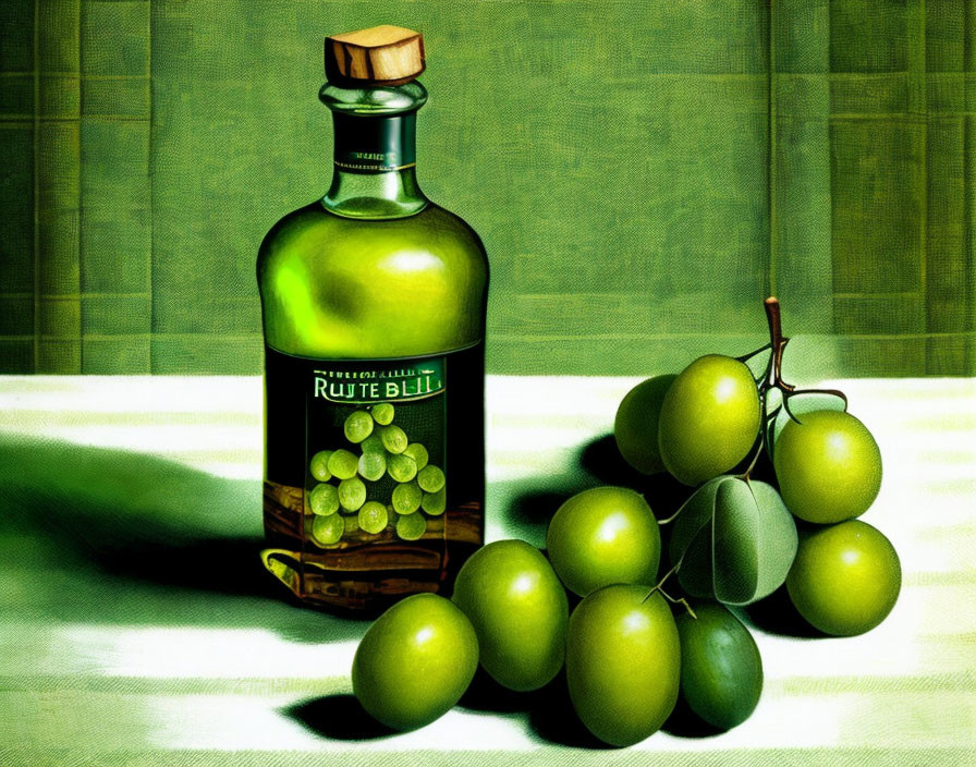 Green bottle labeled "Rutebili" with grapes on patterned cloth background