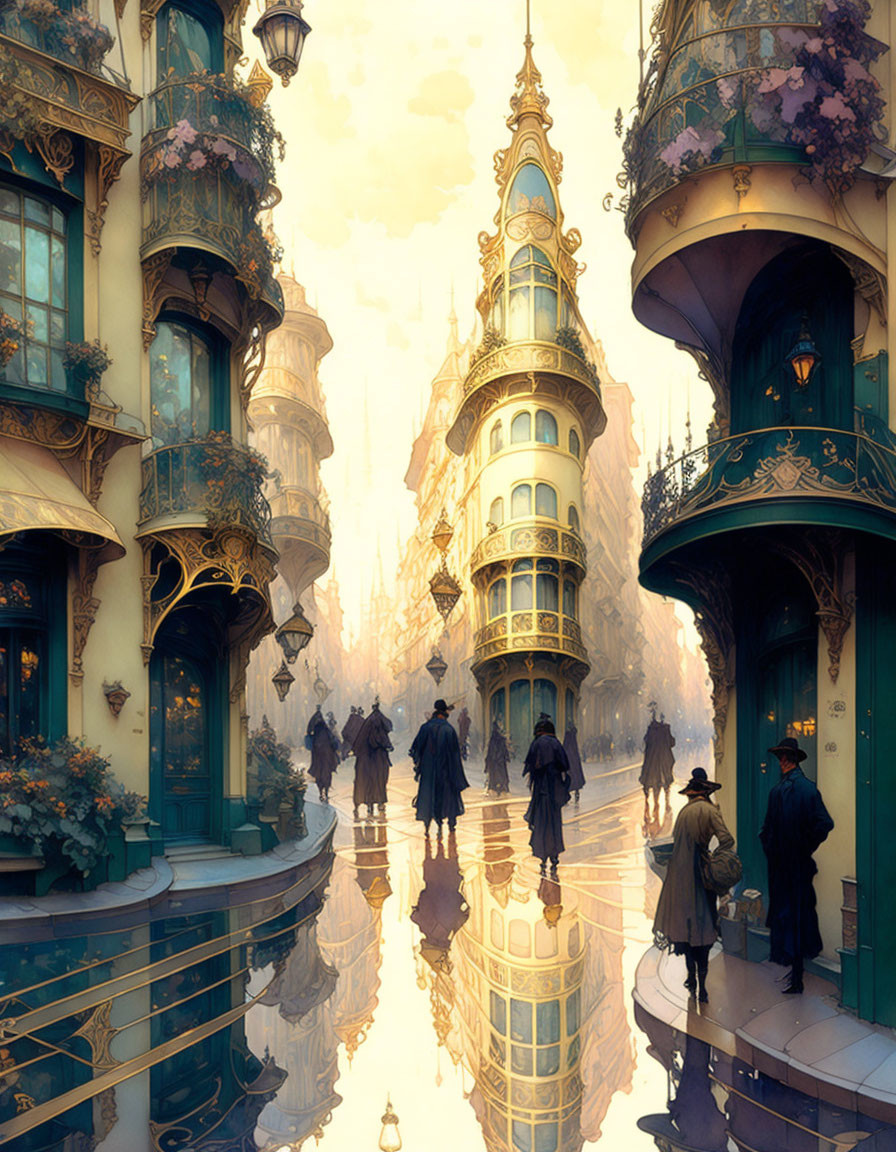 Fantastical cityscape with ornate buildings and glowing tower reflected on water