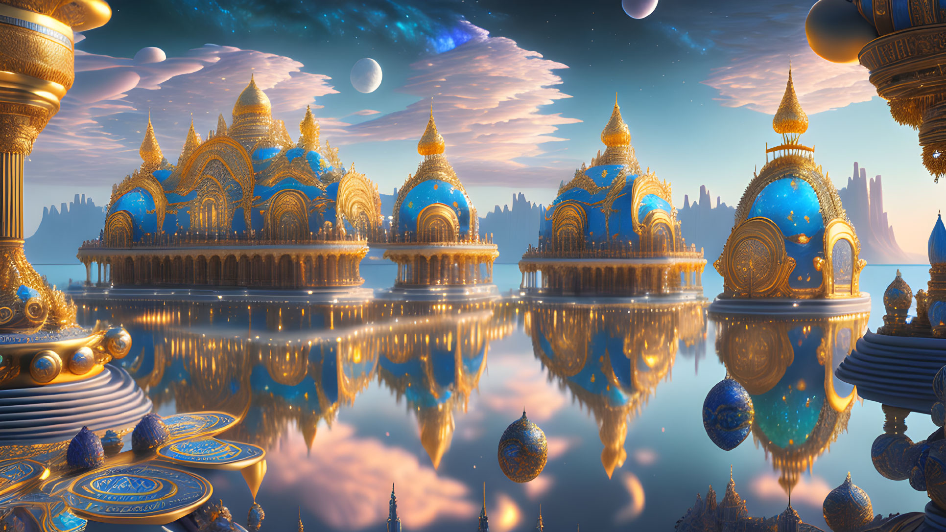 Fantastical cityscape with golden domes and blue accents reflected in still waters