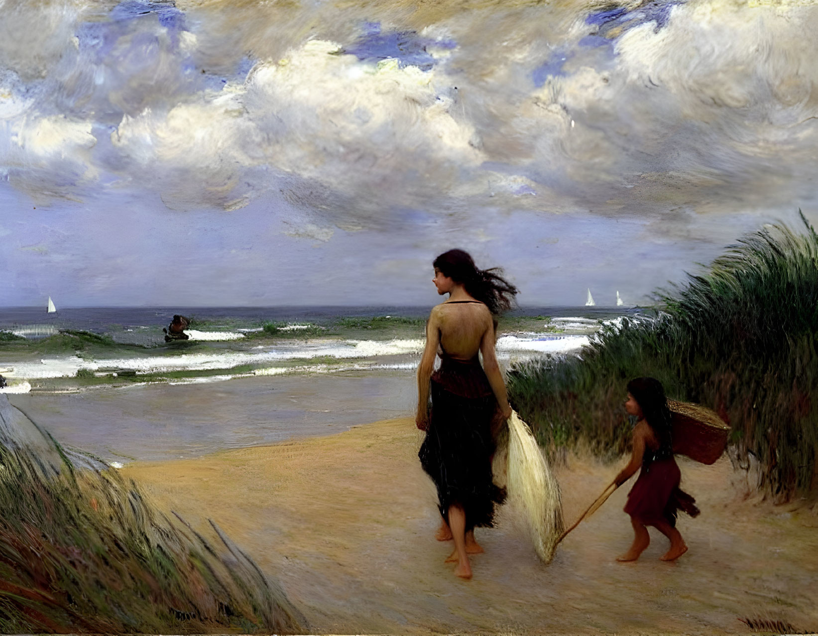 Scenic painting of woman and child by the sea with boats and tall grass