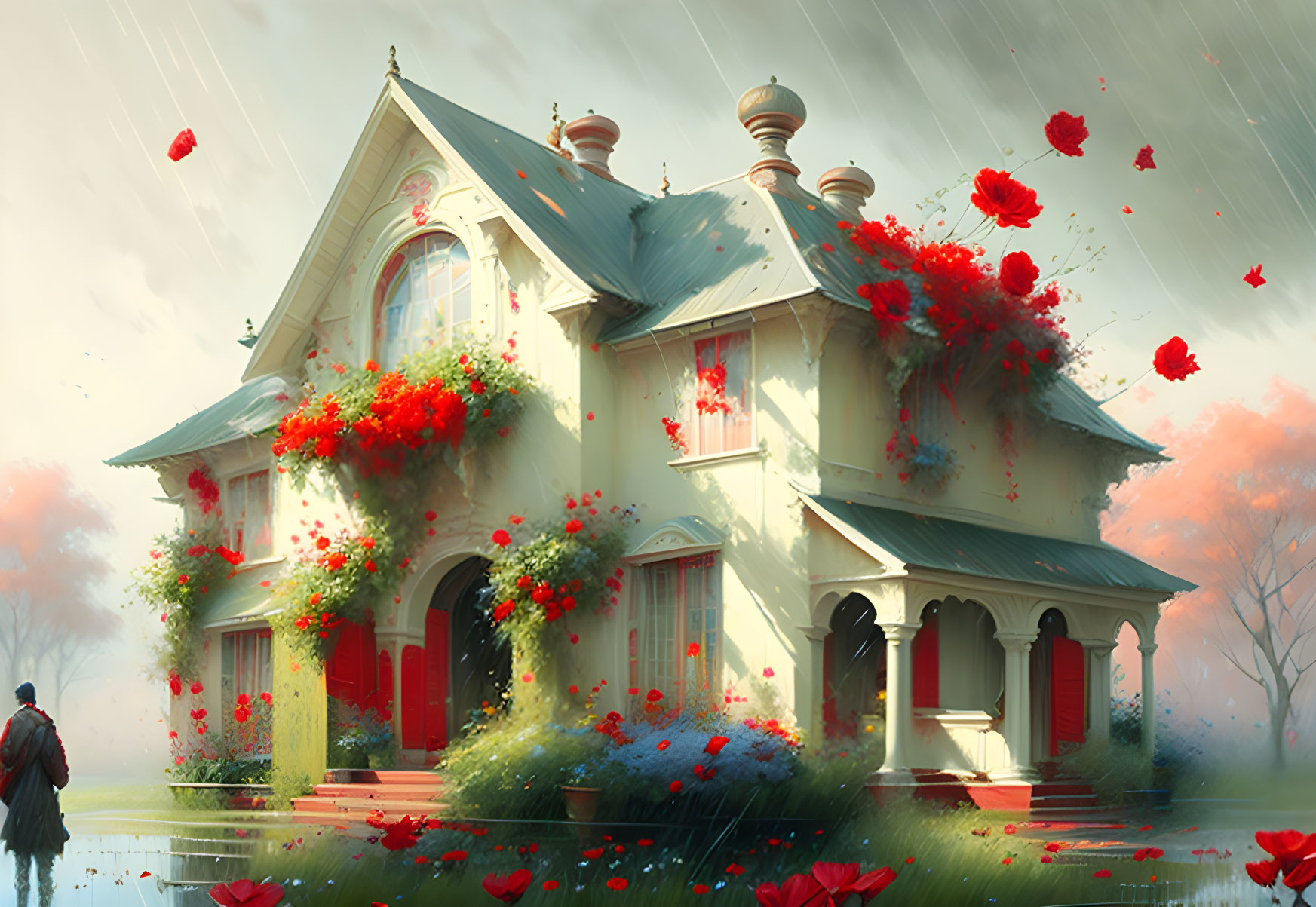 Victorian-style house in lush surroundings with red flowers and person in rain