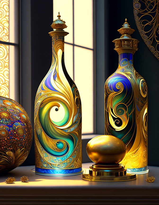 Ornate golden bottles with swirl patterns and spherical object on table