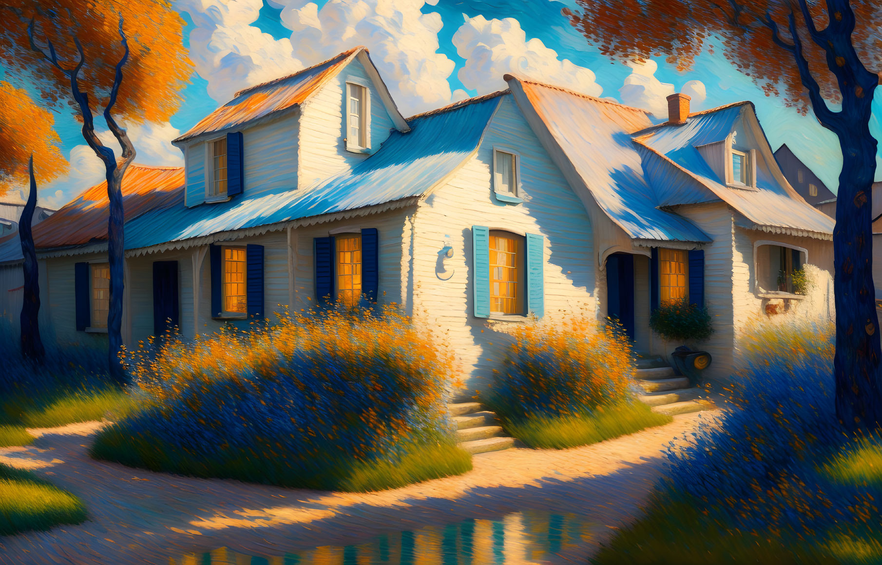 Quaint White House Painting with Blue Shutters amid Lush Foliage