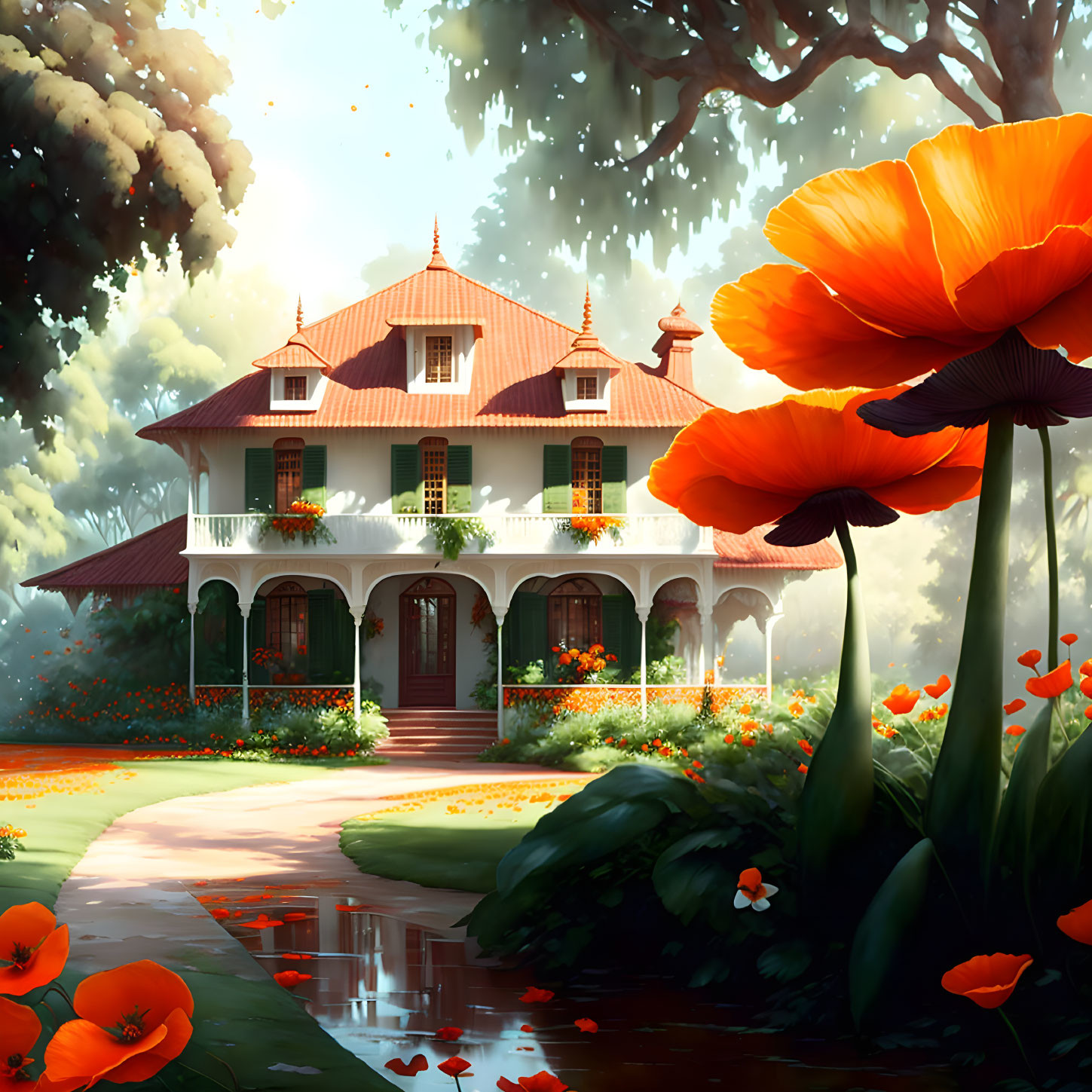 Traditional house with red roof in lush garden with pond