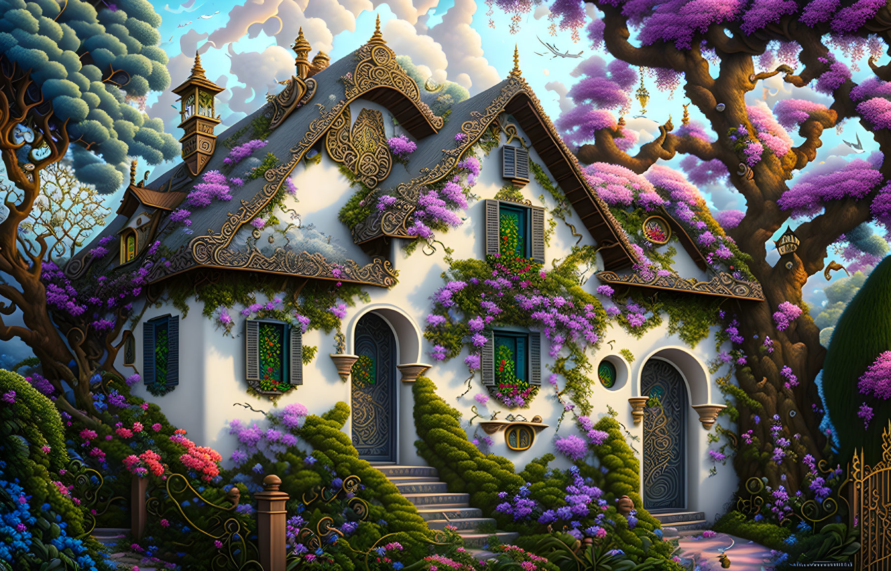 Enchanting cottage in magical forest with purple flowers and trees