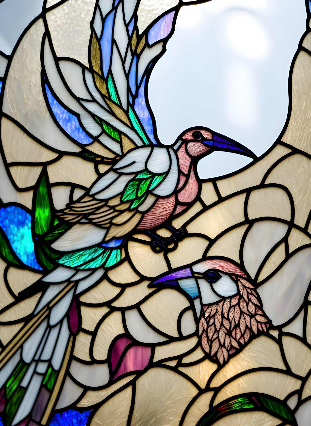 Colorful Birds Stained Glass Window with Intricate Designs