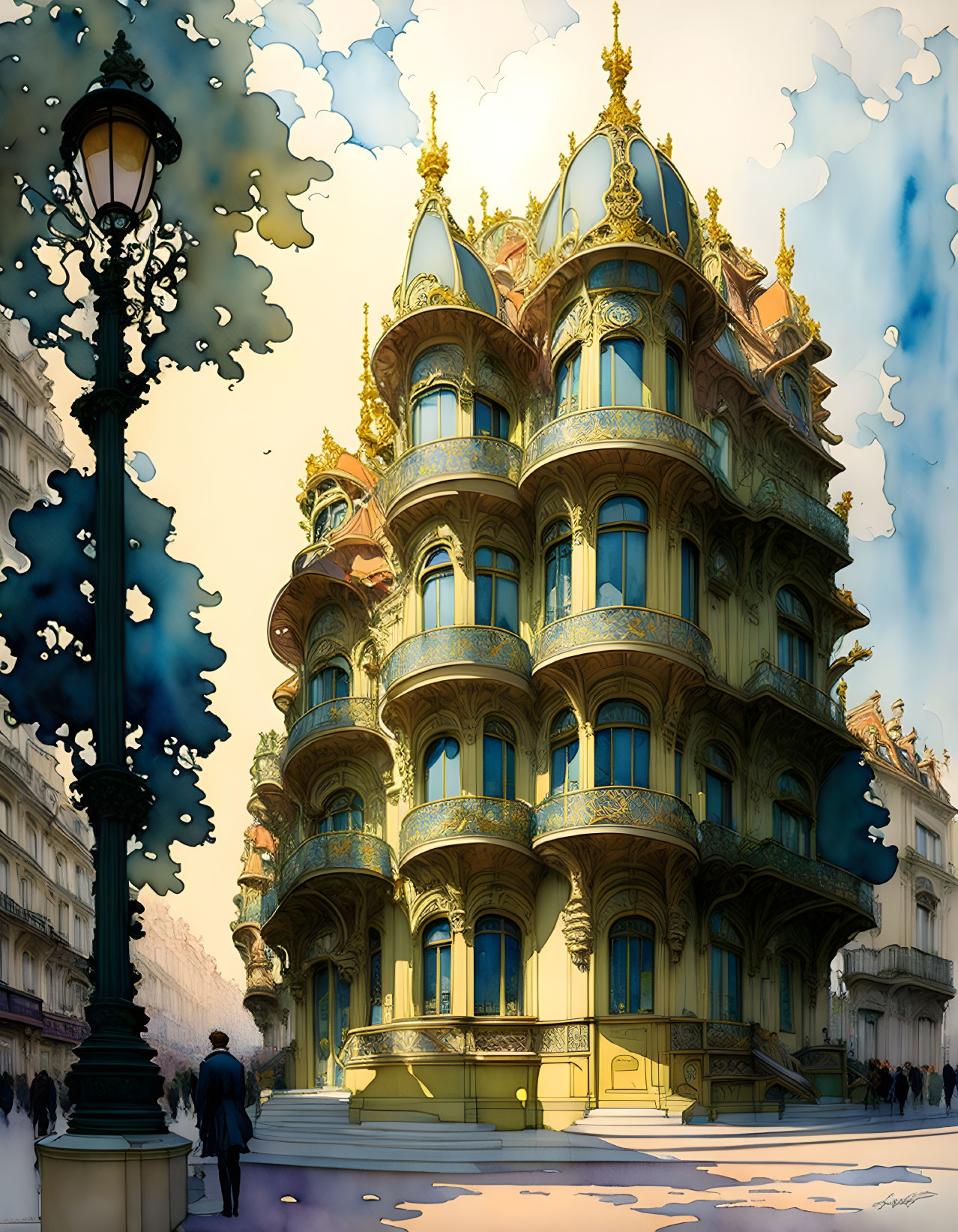 Whimsical ornate building with golden accents and balconies under clear blue sky.