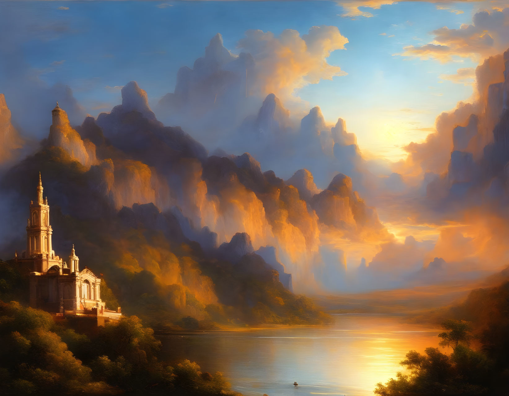 Scenic painting: Sunset over river, classical building, cliffs, dramatic sky