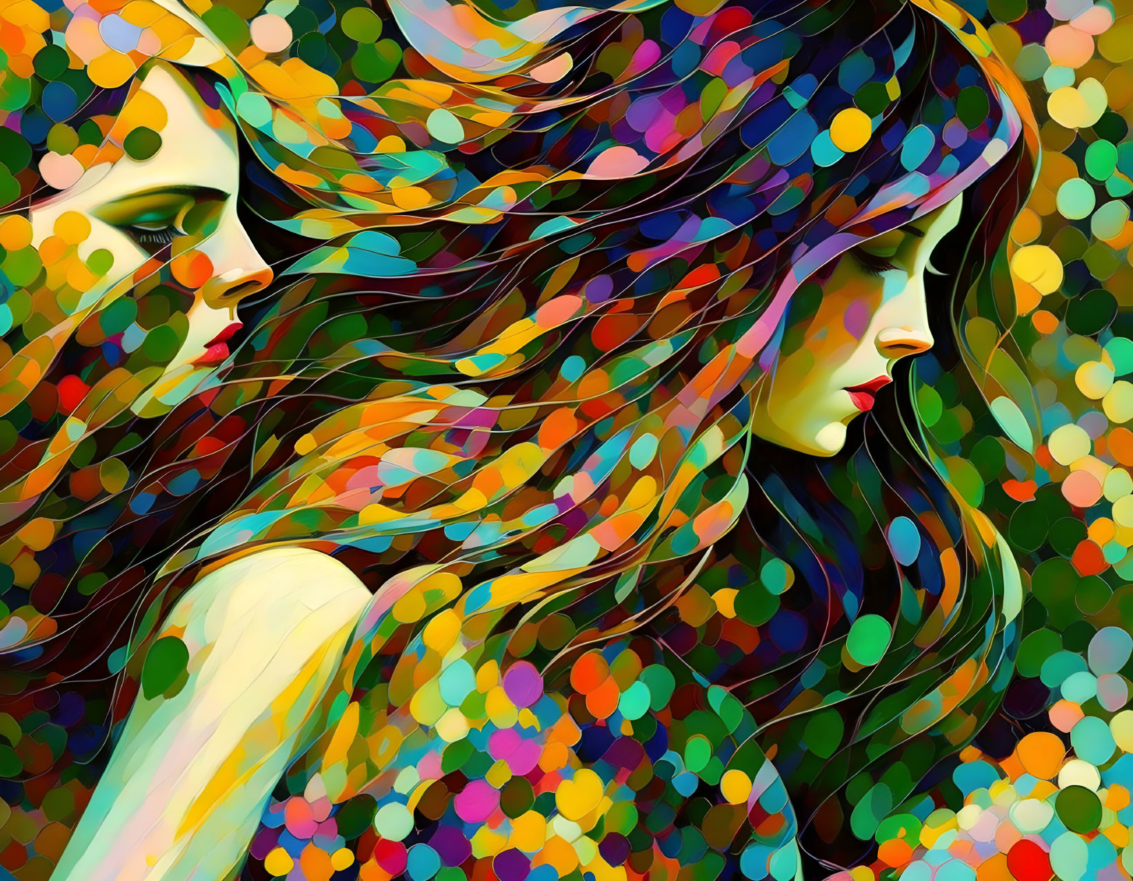 Abstract art: Colorful profile of two women with flowing hair in vibrant dots and shapes