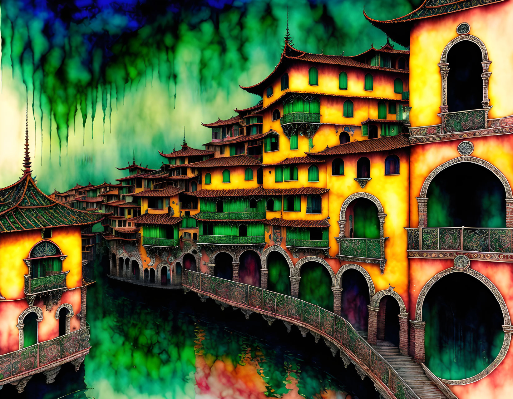 Colorful Asian-style palace with arched bridges and dreamlike ambiance