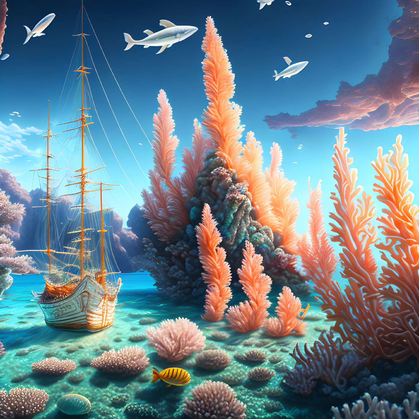 Colorful coral formations, sunken ship, and fish in clear blue waters