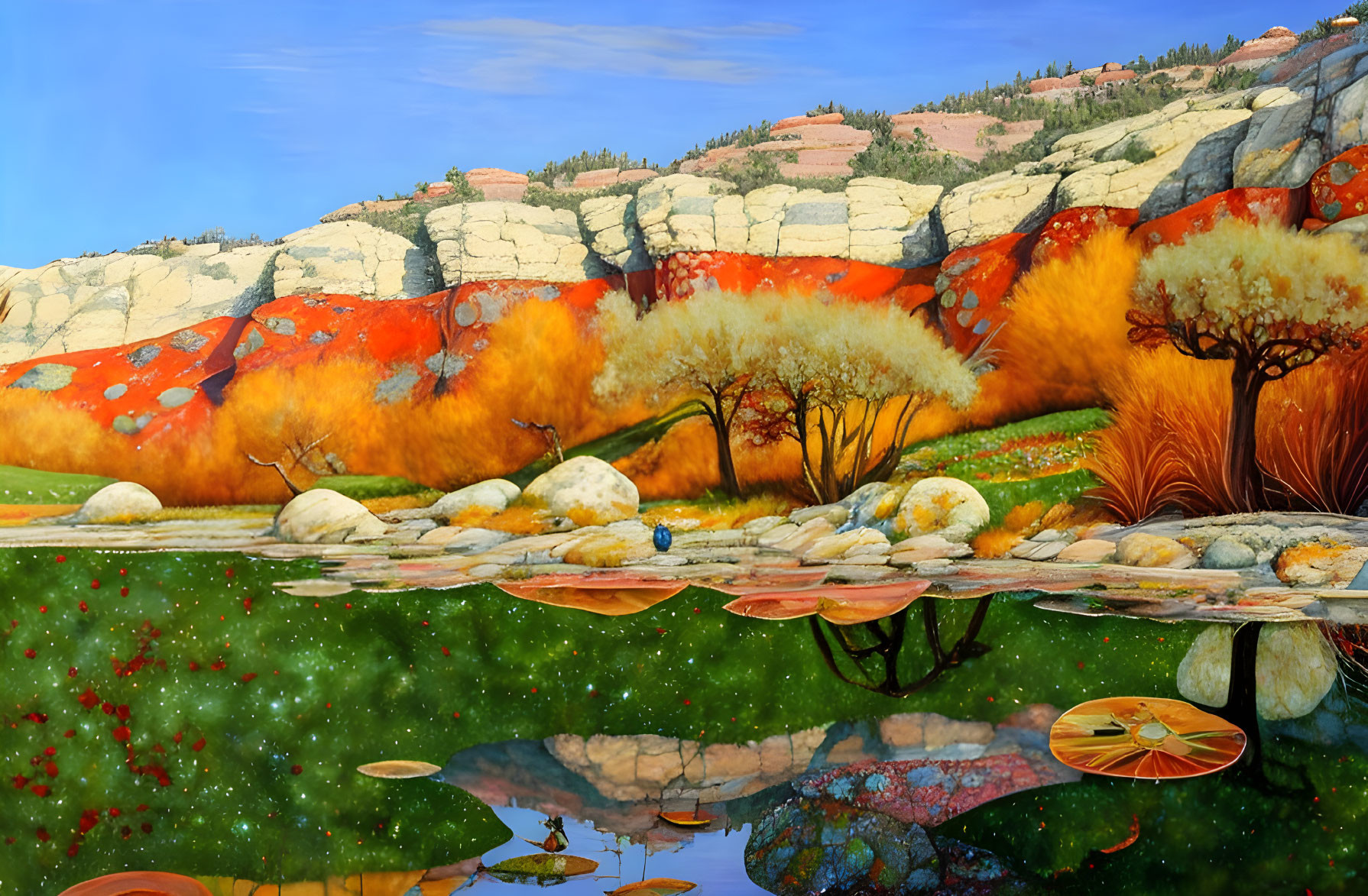 Scenic landscape: orange trees, reflective water, rock formations under blue sky