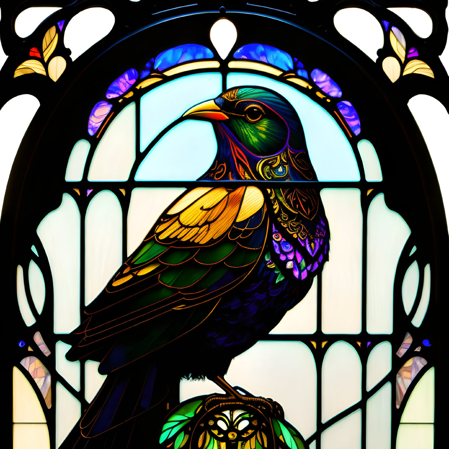 Colorful Bird Stained Glass Window with Intricate Pattern