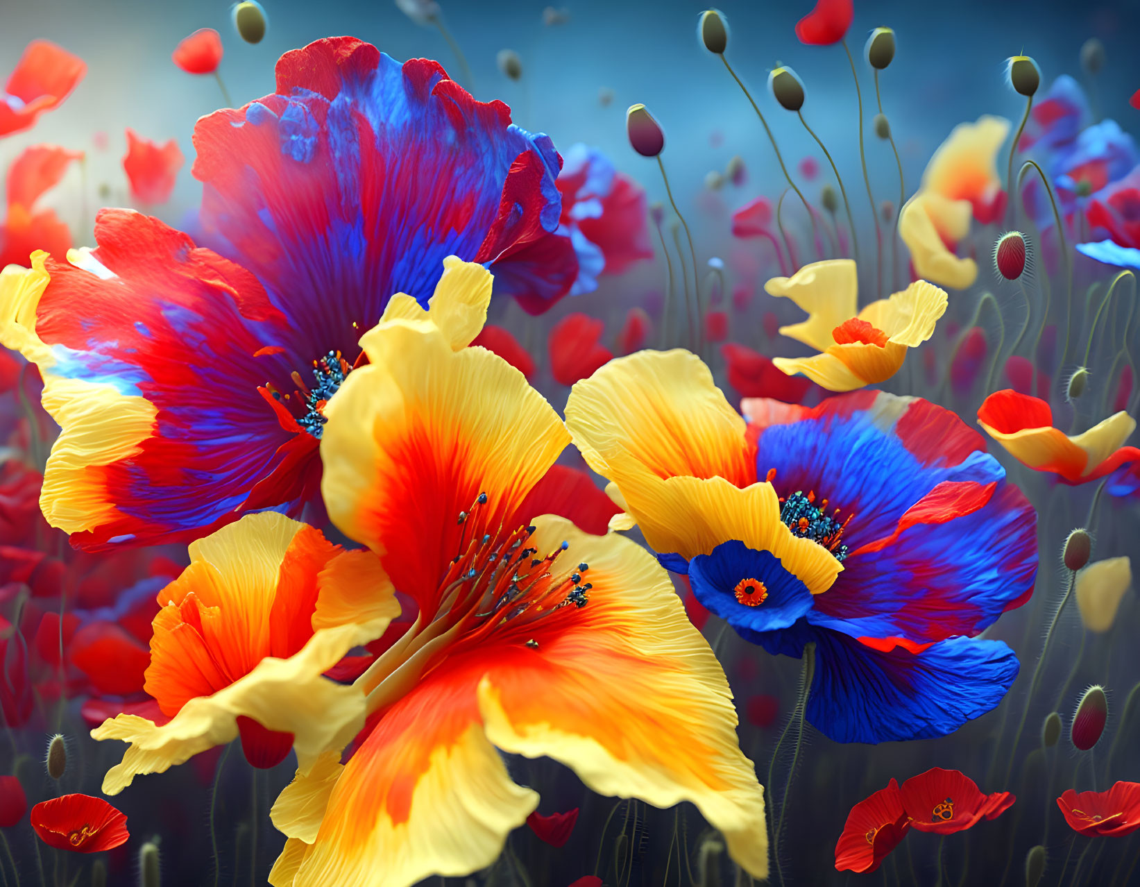 Colorful digital floral illustration on dreamy backdrop