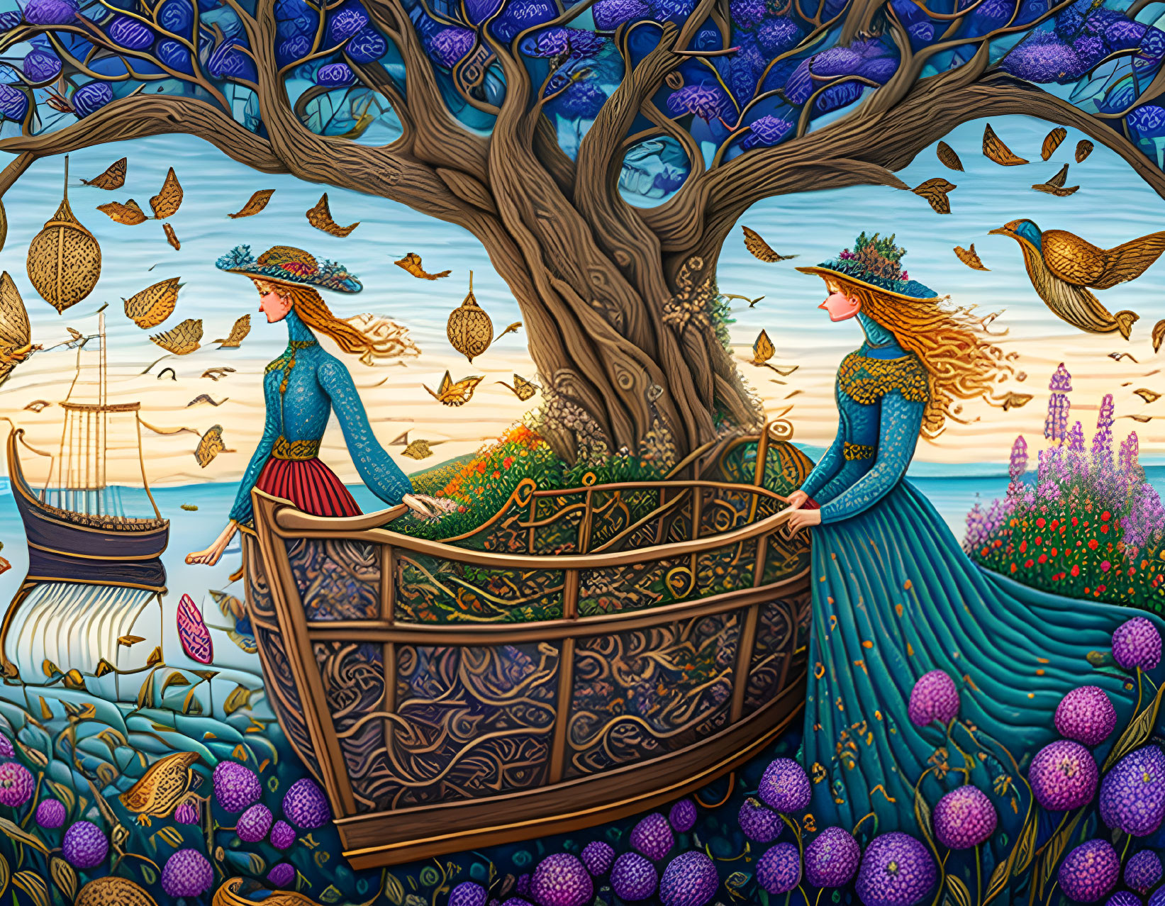 Stylized women in flowing dresses on boat with nature-themed tapestry