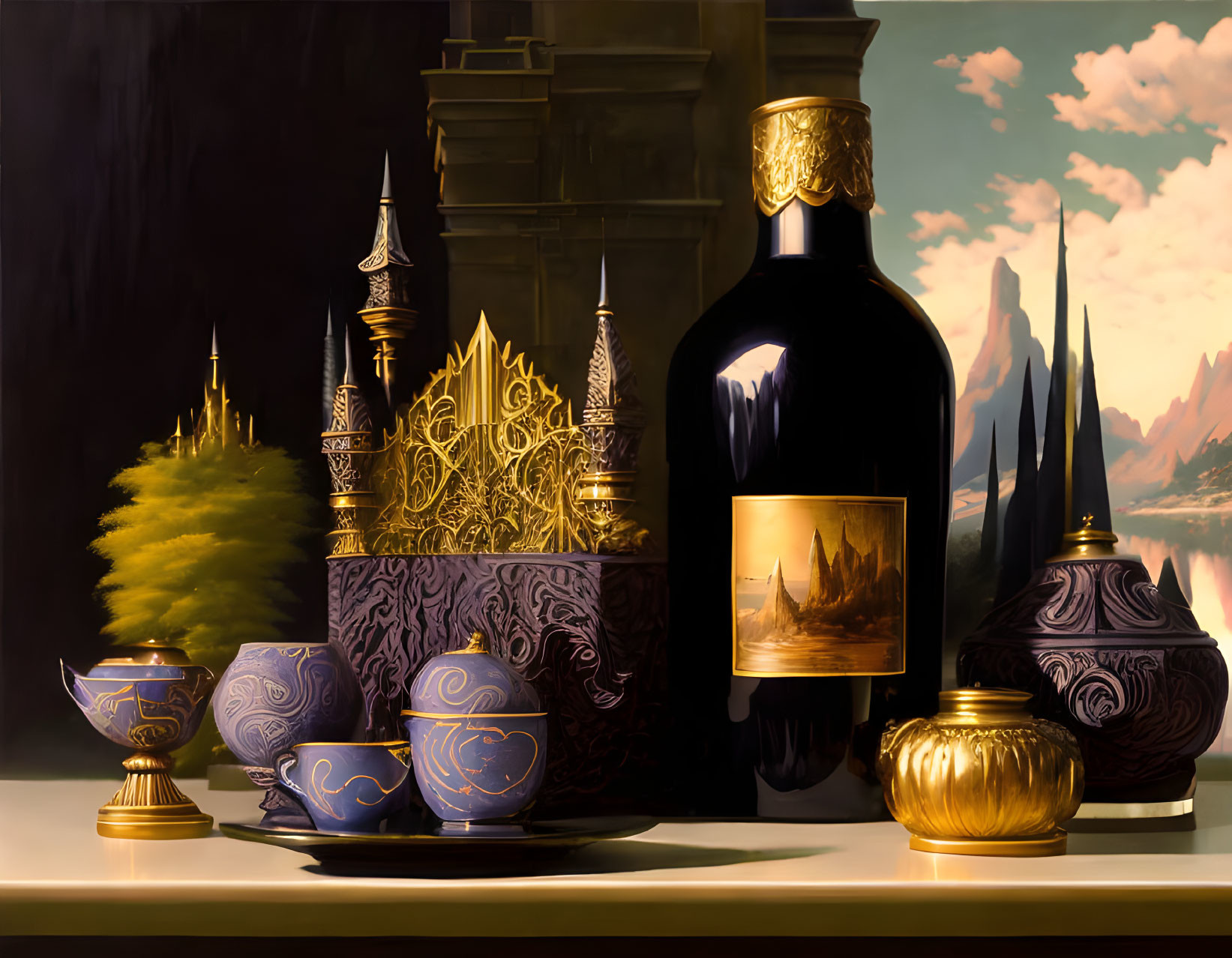 Luxurious Still Life with Golden Goblets, Decorative Bottle, and Vases on Mountainous