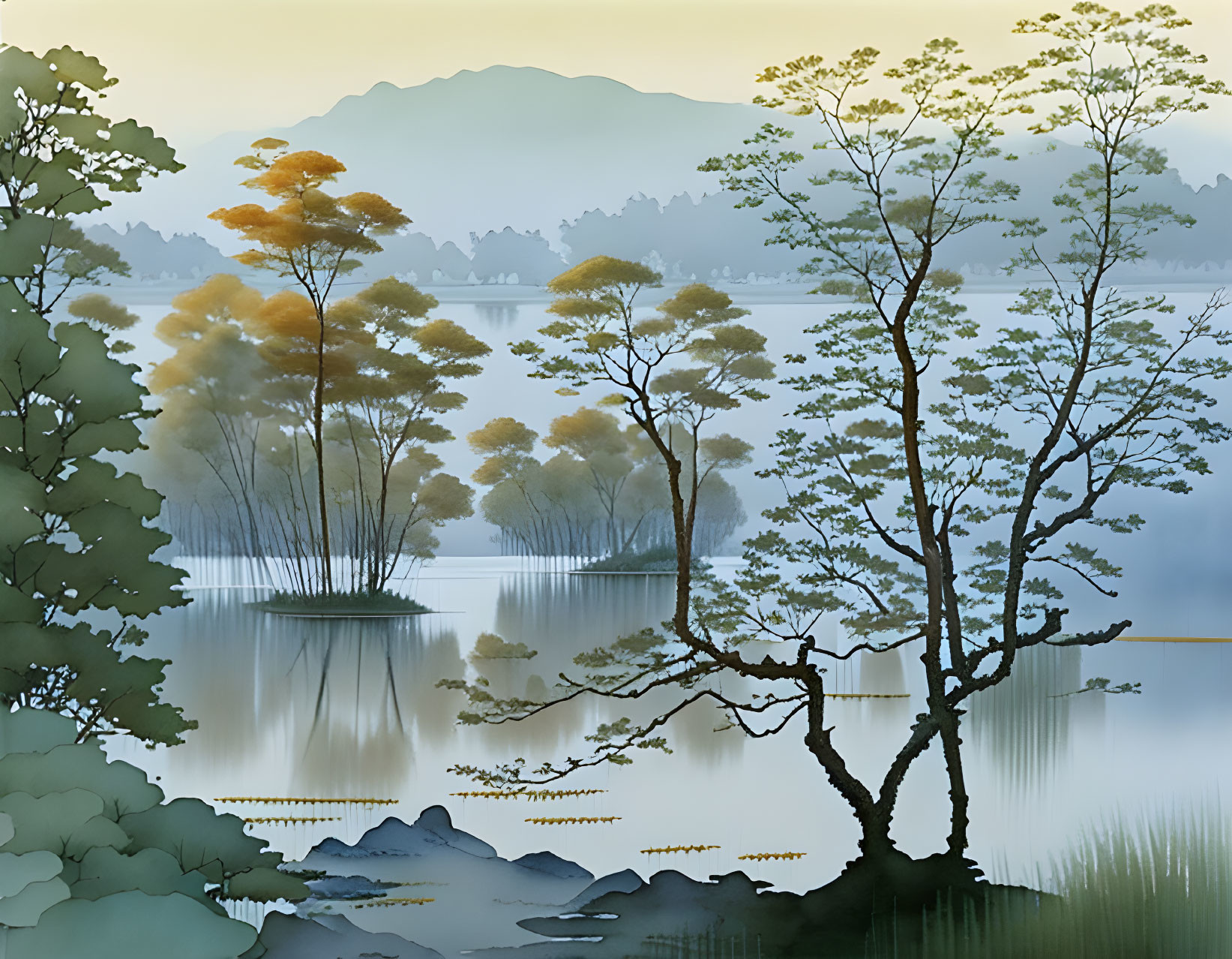 Tranquil landscape: misty lake, delicate trees, reeds, distant mountain