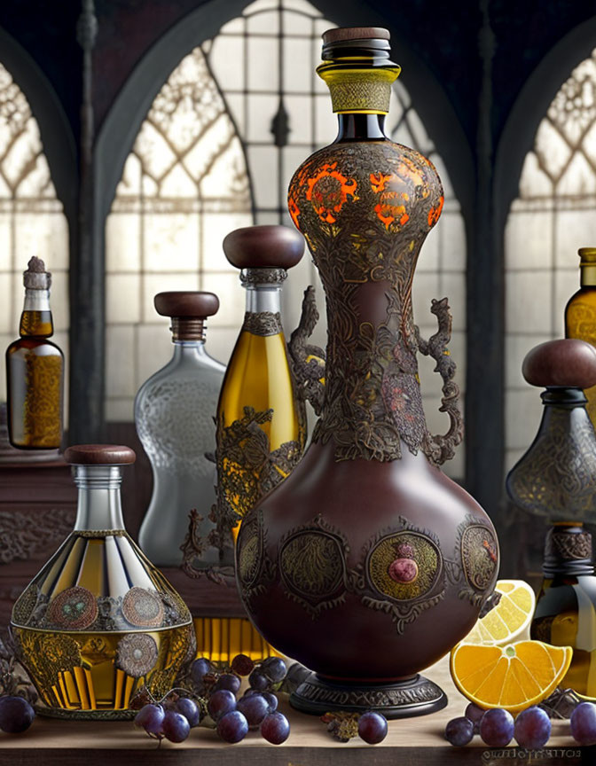 Intricately designed ornate bottle with fruits and various styled bottles on wooden table