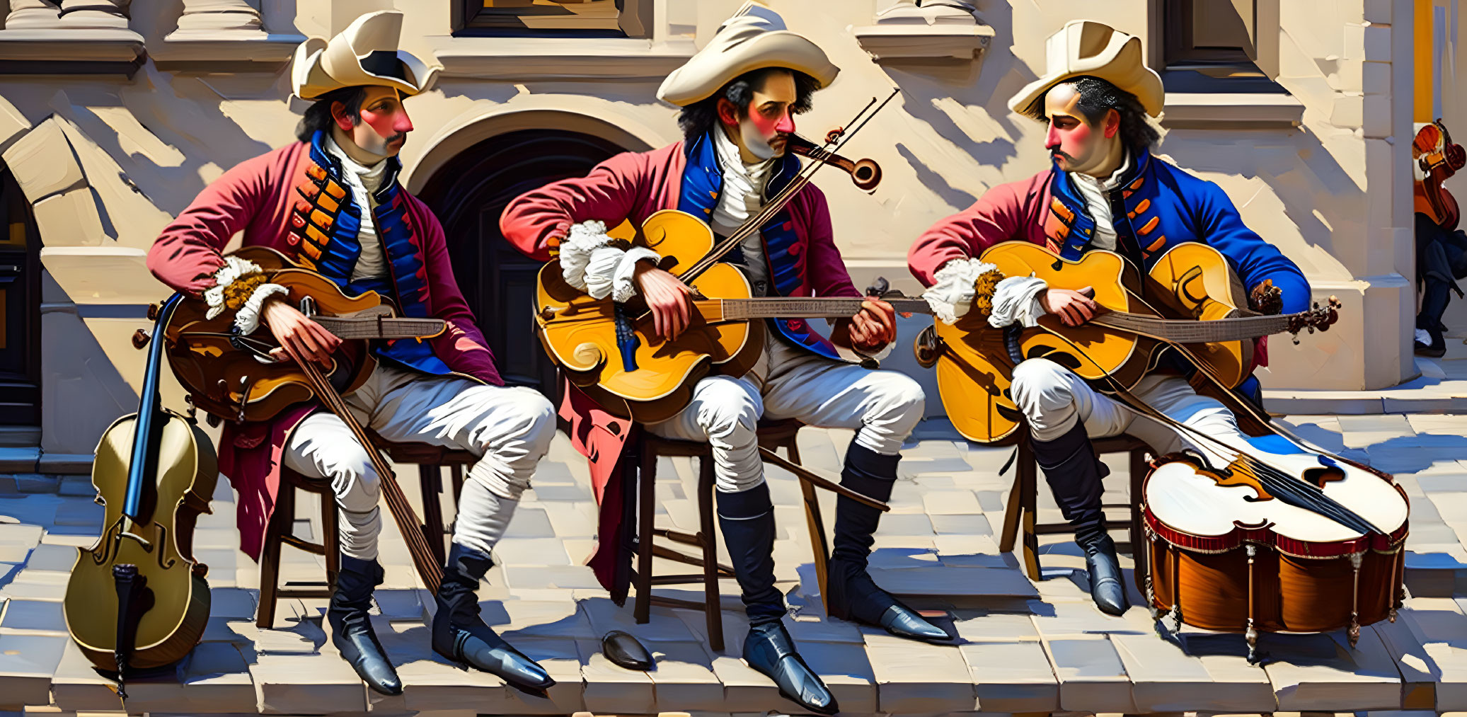 Historical musicians playing violin and guitars outdoors