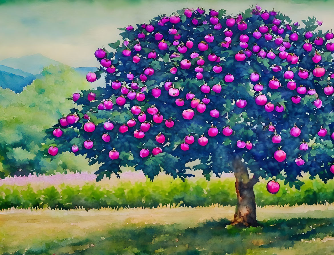 Vibrant tree with purple fruits in watercolor painting