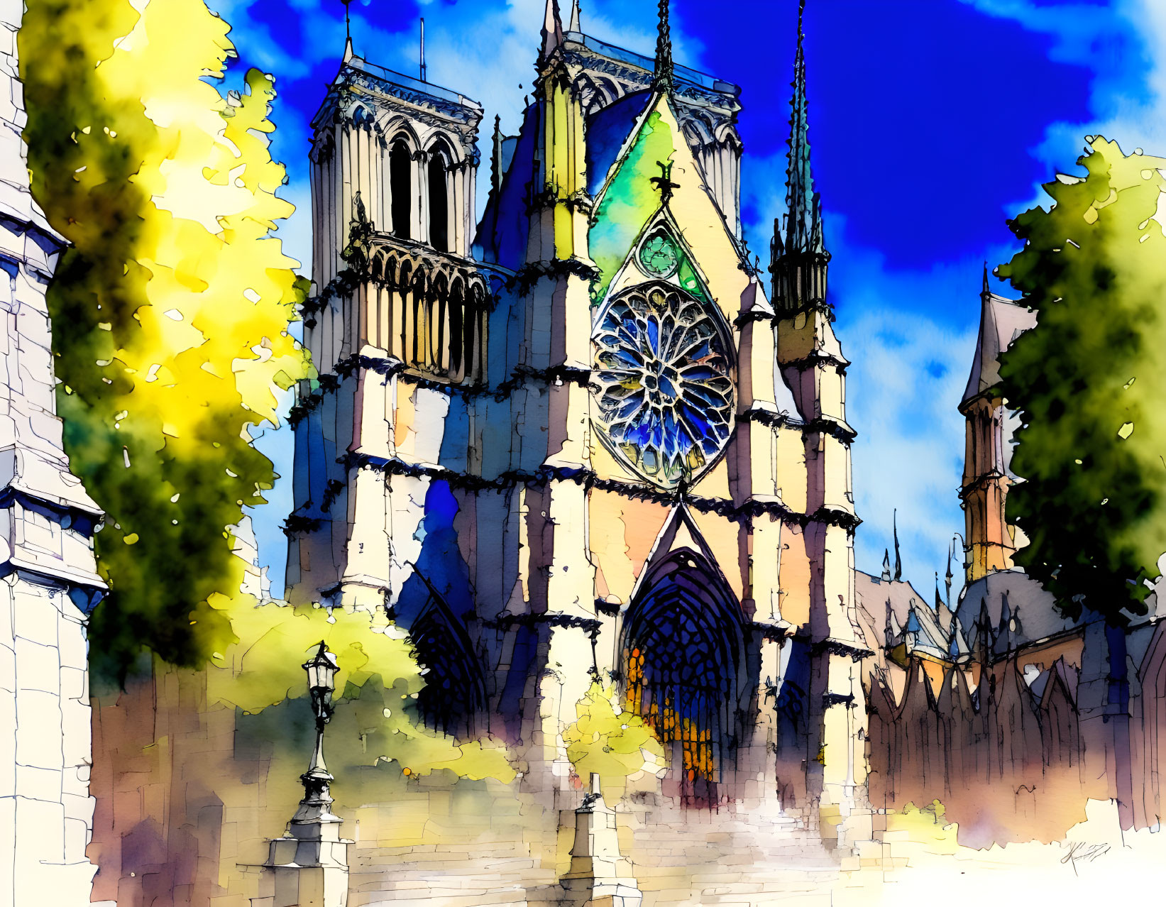 Vibrant digital artwork: Gothic cathedral with rose window, towers, flying buttresses, autumn trees