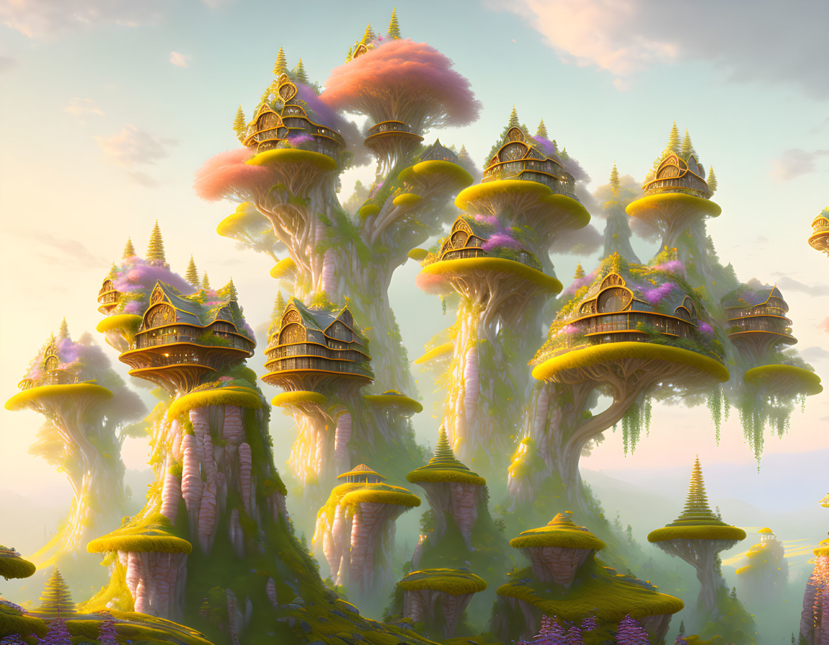 Whimsical fantasy landscape with towering tree-like structures and colorful foliage