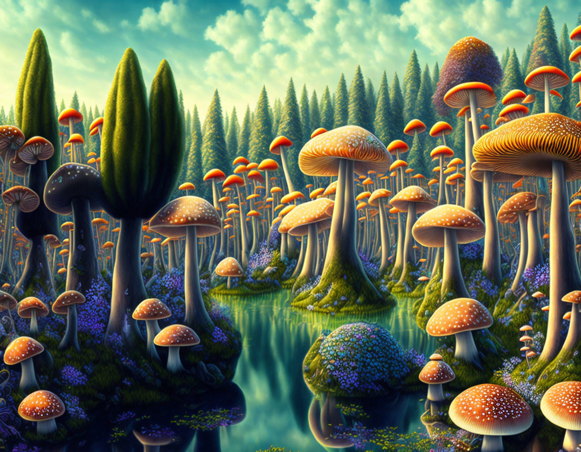 Colorful oversized mushrooms in vibrant fantasy landscape