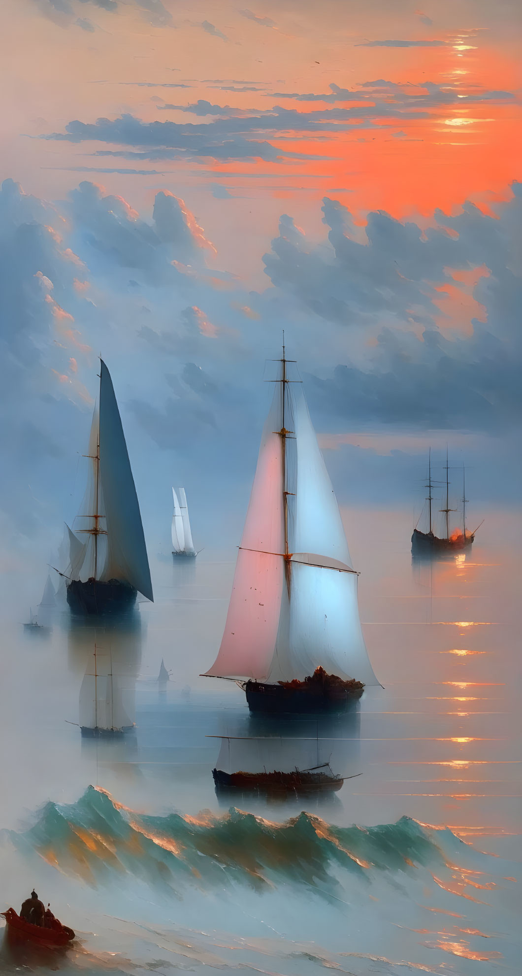 Sailboats with billowing sails on tranquil sea at sunset