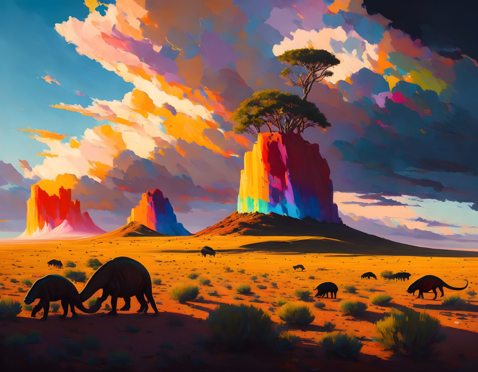 Colorful Mesa Formations and Stylized Elephants in Desert Landscape