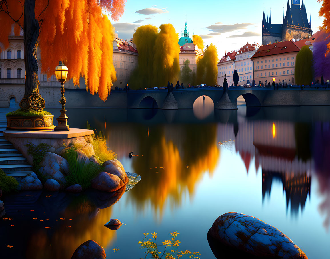 River reflecting bridge and buildings at dusk with autumn trees