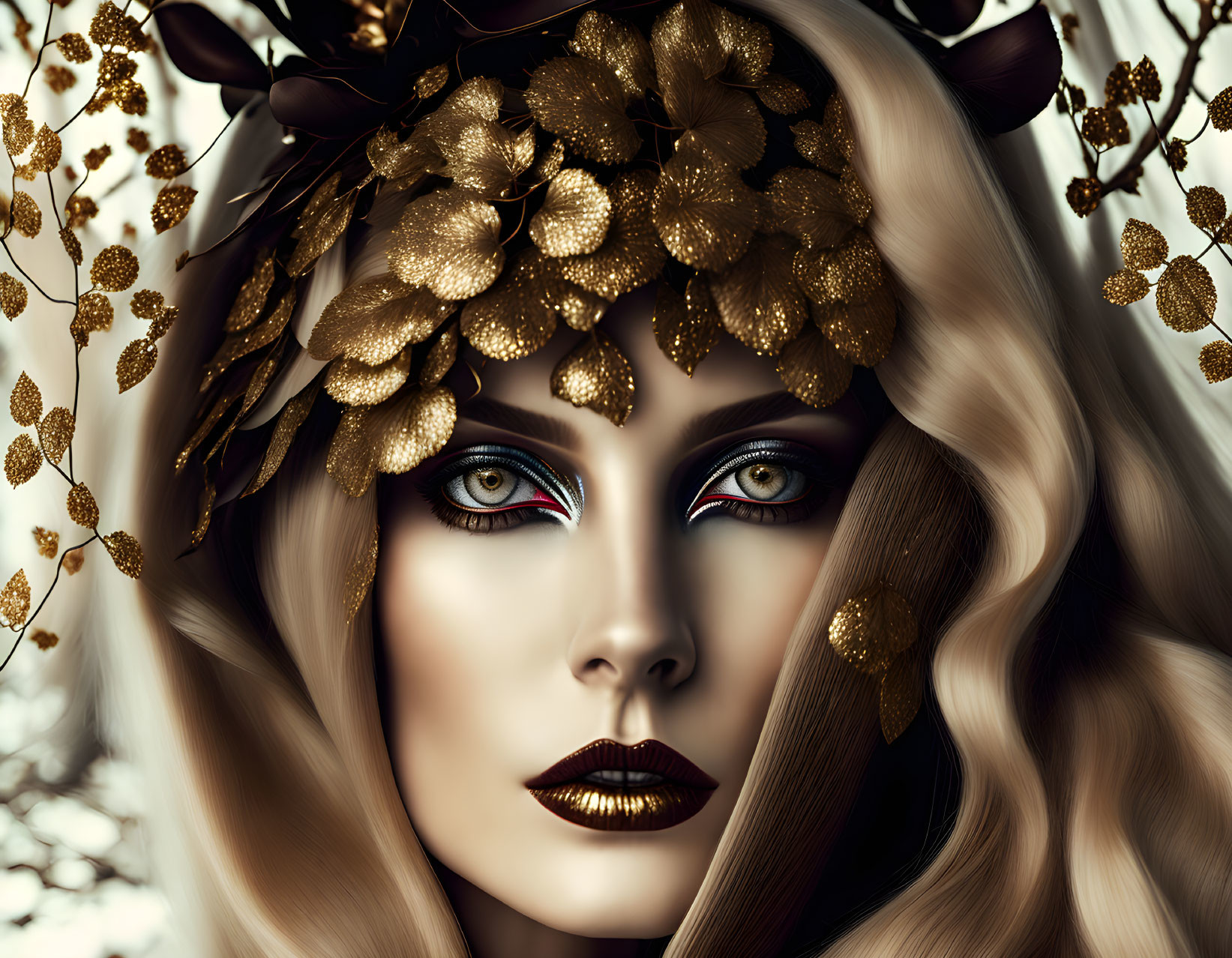 Woman with Golden Makeup and Leaf Headpiece on Soft-focus Background