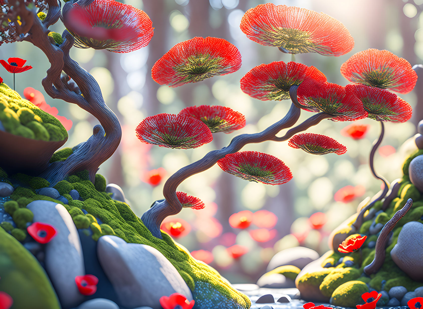 Fantastical landscape with red mushroom-like tree canopies and mossy rocks